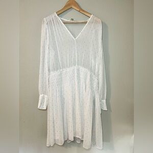 Calvin Klein Women's White Clip Dot Smocked Waist Dress Metallic V-Neck Size 14